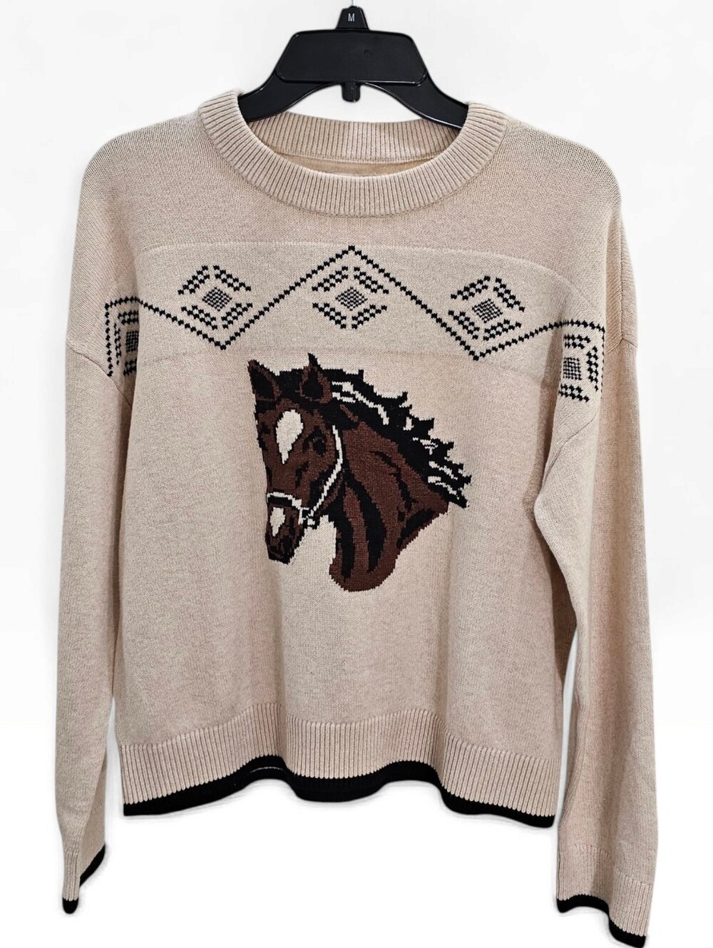 LOFT Women Cotton Blend Oatmeal Cream Horse Print Sweater XS